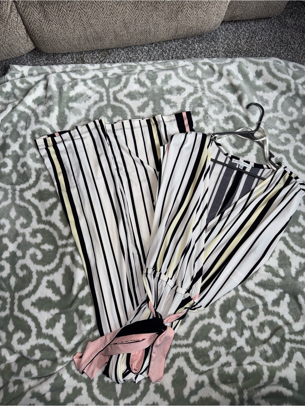 Sandra Darren White Striped V-Neck Jumpsuit with Black, Pink & Yellow Accents